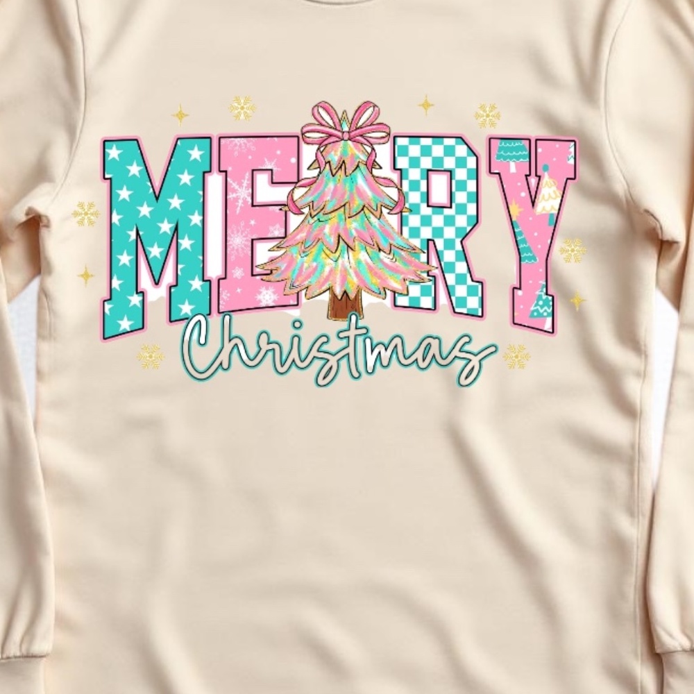 Merry Christmas T-shirt Whimsical White with Pink, Green S M L XL XXL Custom